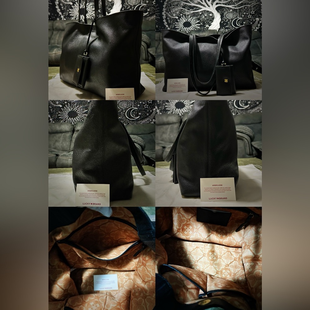 Vintage Y2K Lucky Brand Black soft Leather Tote Bag with keychain wallet laptop - Picture 10 of 17